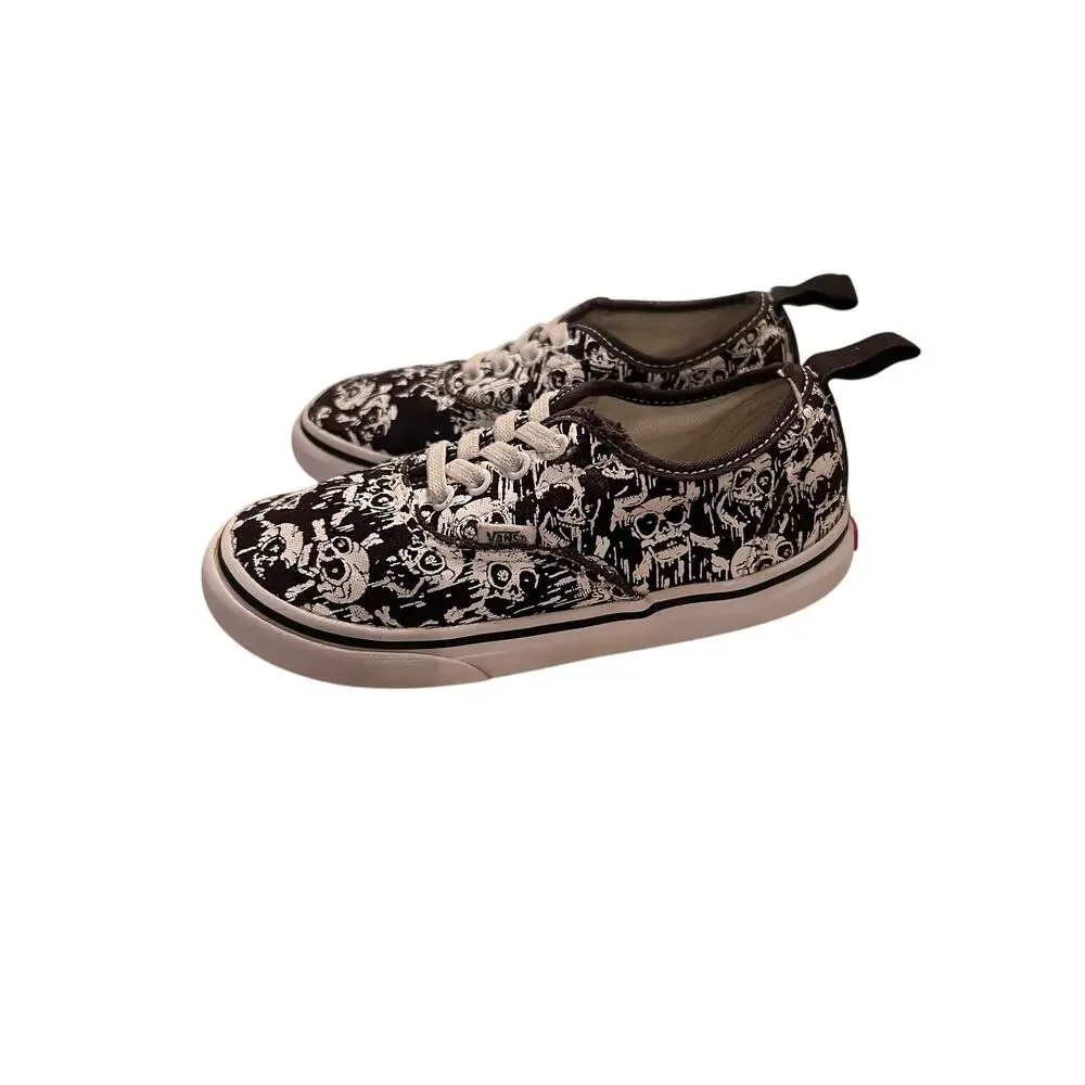 Vans Boy's 10T White Black Elastic Lace Glow Skulls Slip-on Skater Sneakers